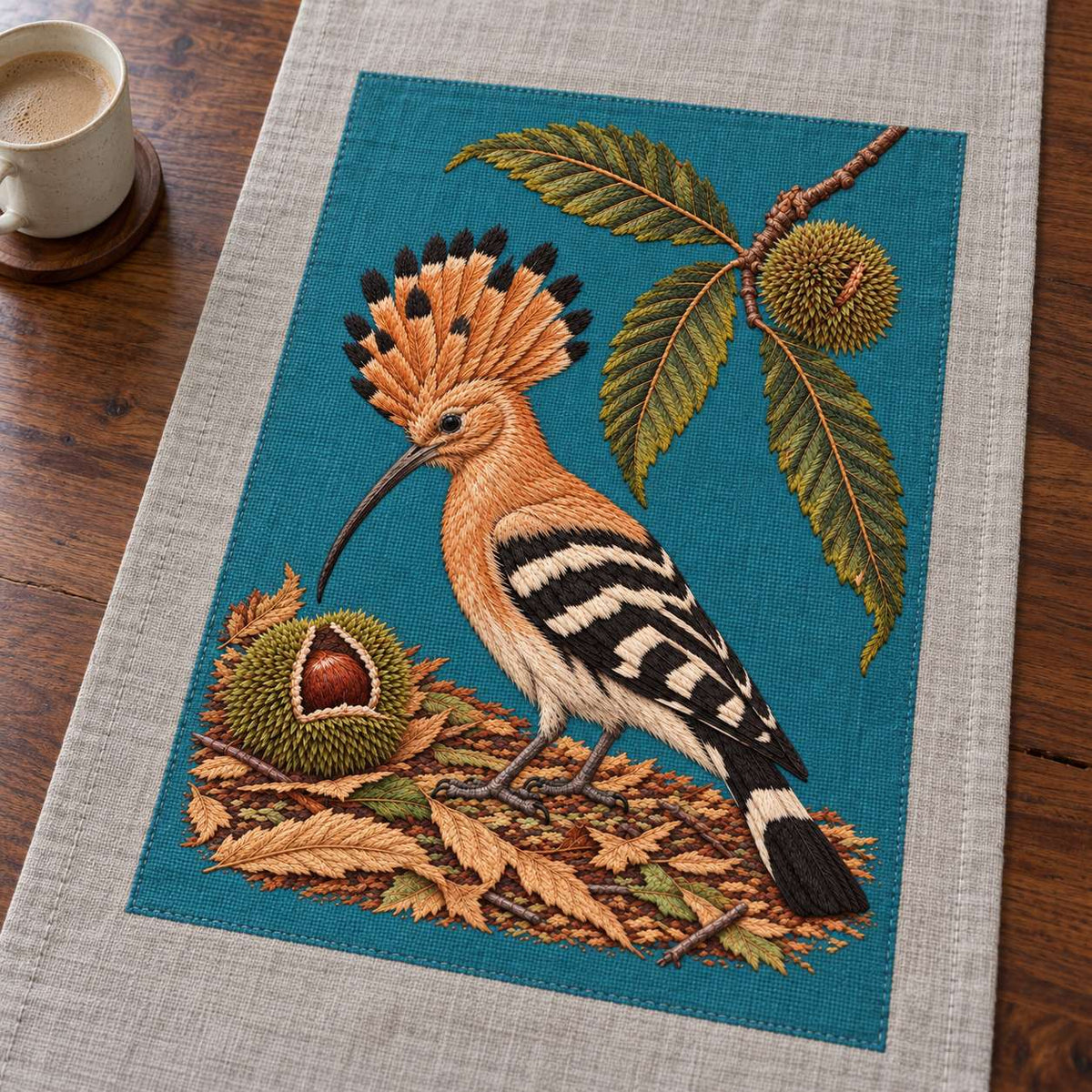 Hoopoe Under the Raised Chestnut Fan visual mockup shown on a textile runner over a console, with the design on muted teal linen.