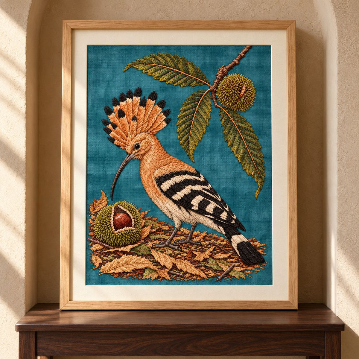 Hoopoe Under the Raised Chestnut Fan visual mockup shown as a framed textile in a gallery niche, with the design on muted teal linen.