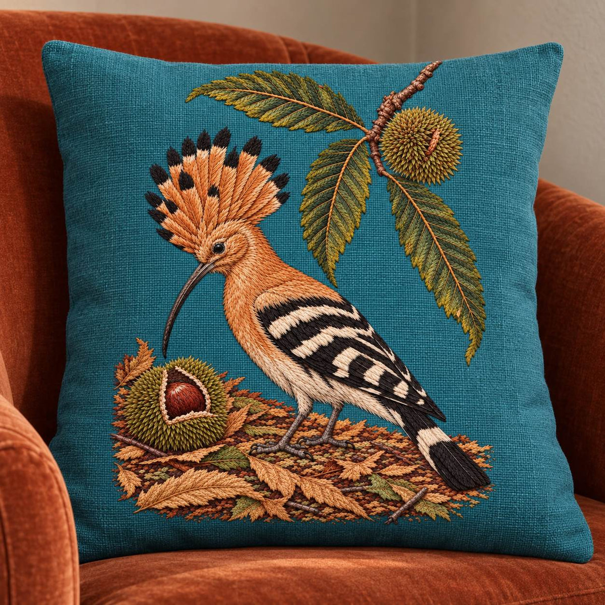 Hoopoe Under the Raised Chestnut Fan visual mockup shown on a cushion in a lounge chair, with the design on muted teal linen.