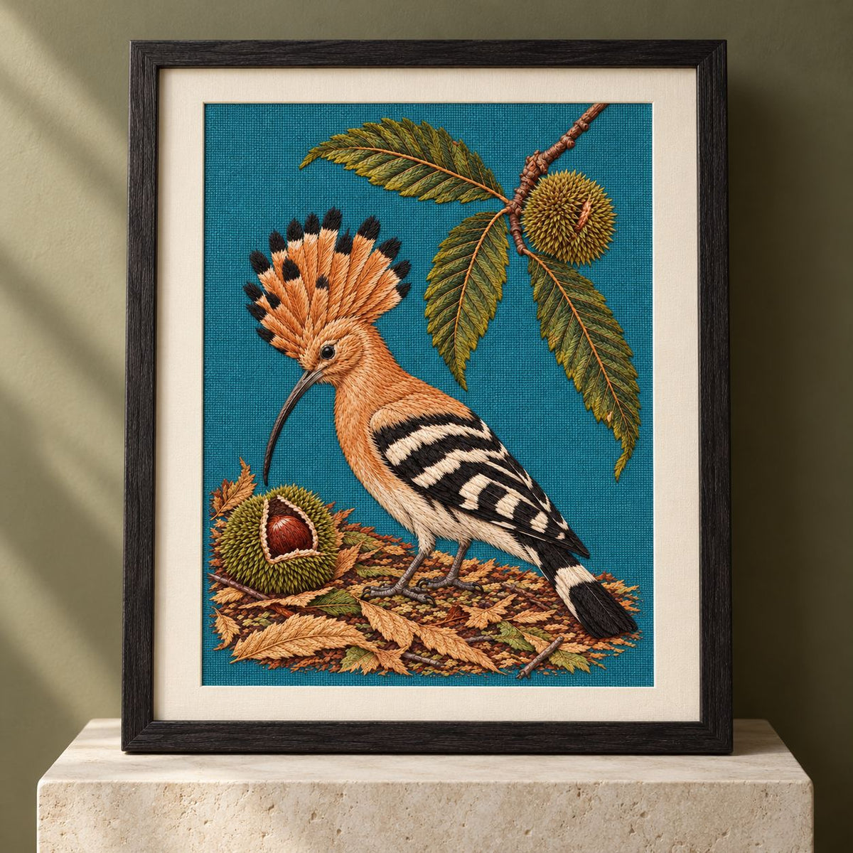 Hoopoe Under the Raised Chestnut Fan visual mockup shown in a frame leaning on a mantel, with the design on muted teal linen.