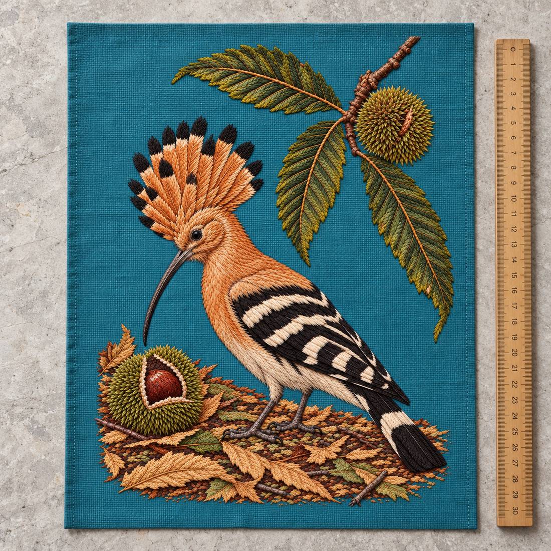 Hoopoe Under the Raised Chestnut Fan visual mockup shown as a textile panel on a stone platform, with the design on muted teal linen.