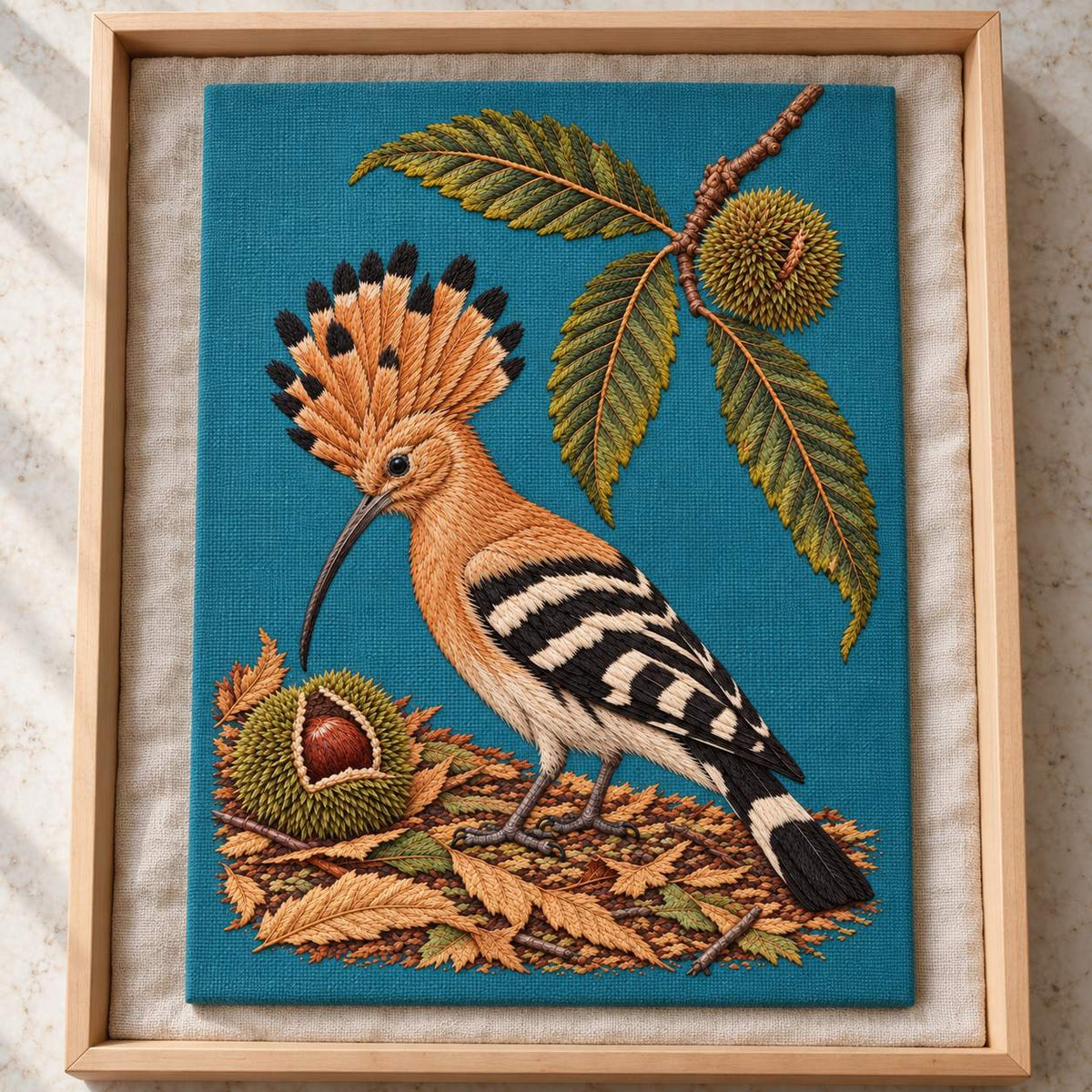 Hoopoe Under the Raised Chestnut Fan visual mockup shown as a textile panel in a collection tray, with the design on muted teal linen.