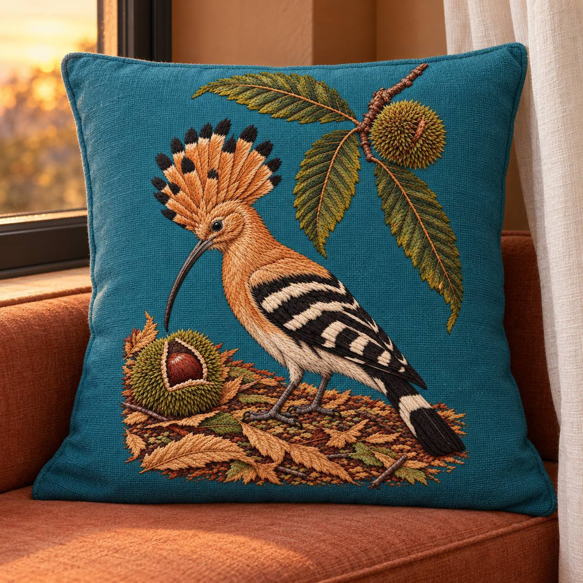 Hoopoe Under the Raised Chestnut Fan visual mockup shown on a cushion beside a window, with the design on muted teal linen.