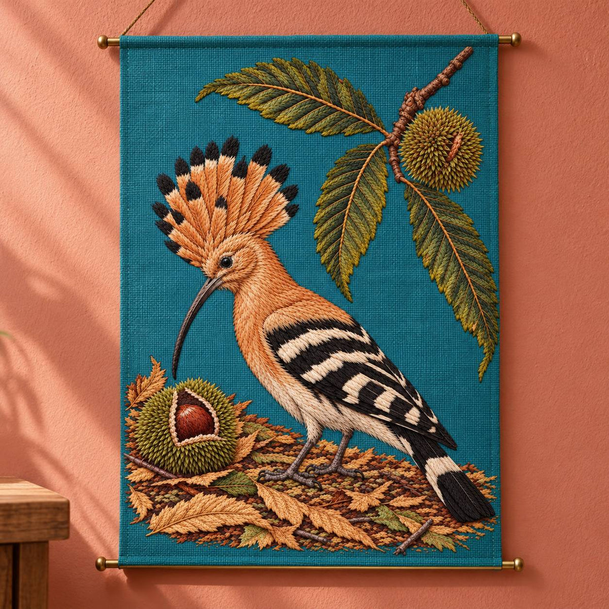 Hoopoe Under the Raised Chestnut Fan visual mockup shown as a hanging textile held by wooden rails, with the design on muted teal linen.