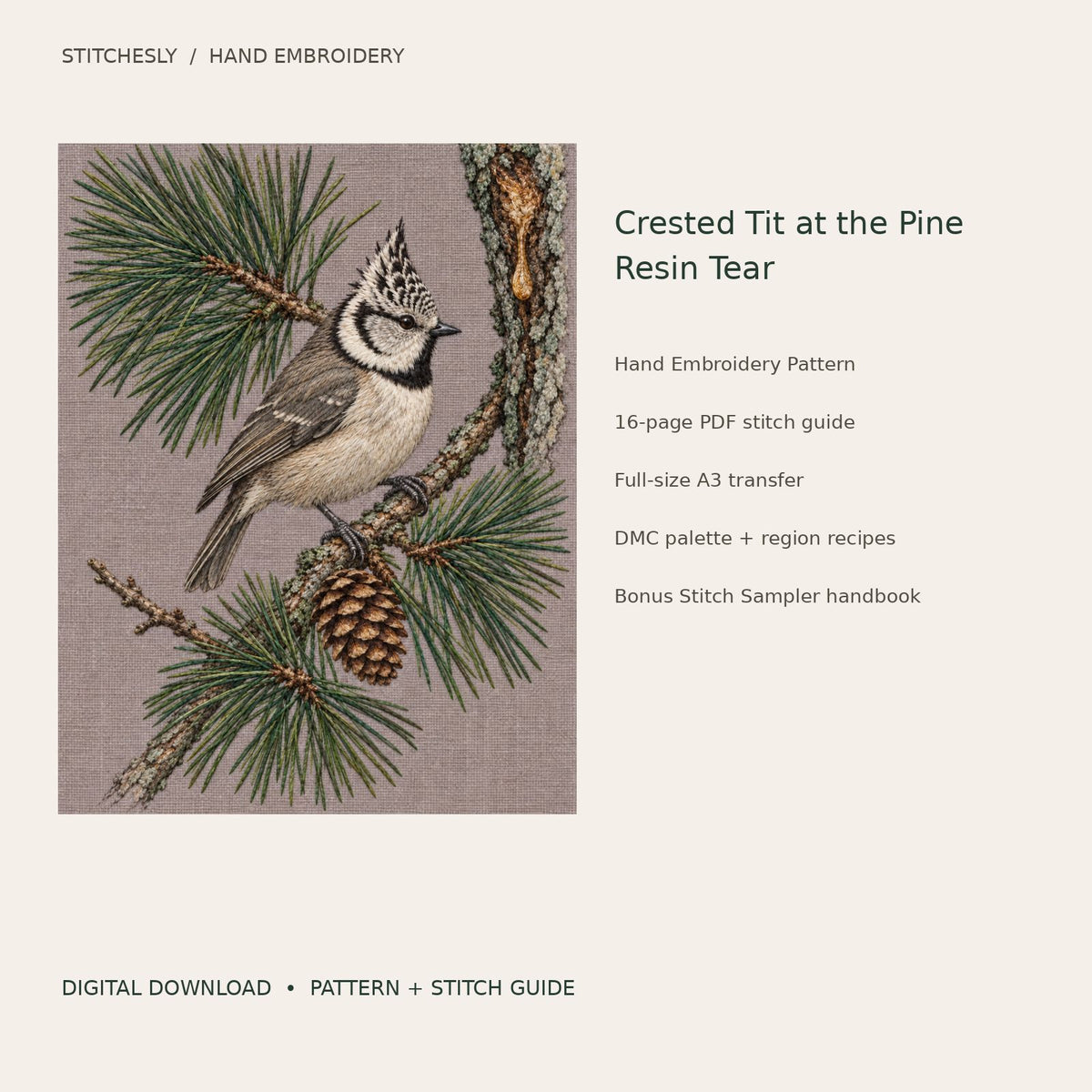 Crested Tit at the Pine Resin Tear: digital hand embroidery pattern cover with artwork and included files
