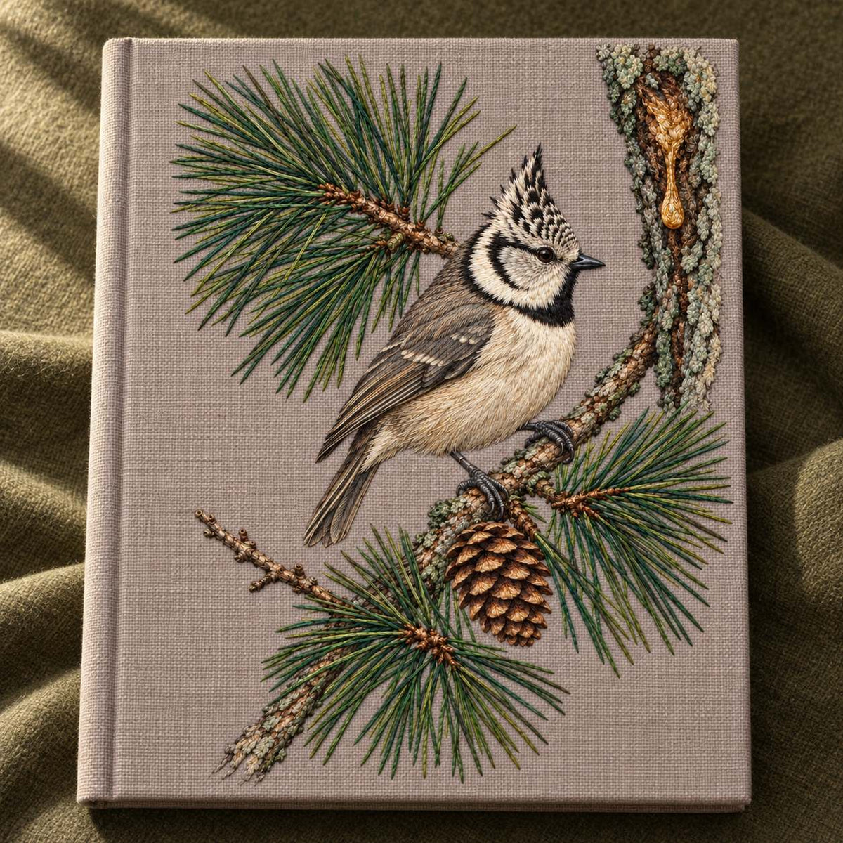 Crested Tit at the Pine Resin Tear visual mockup shown on a cloth portfolio cover, with the design on warm mushroom linen.