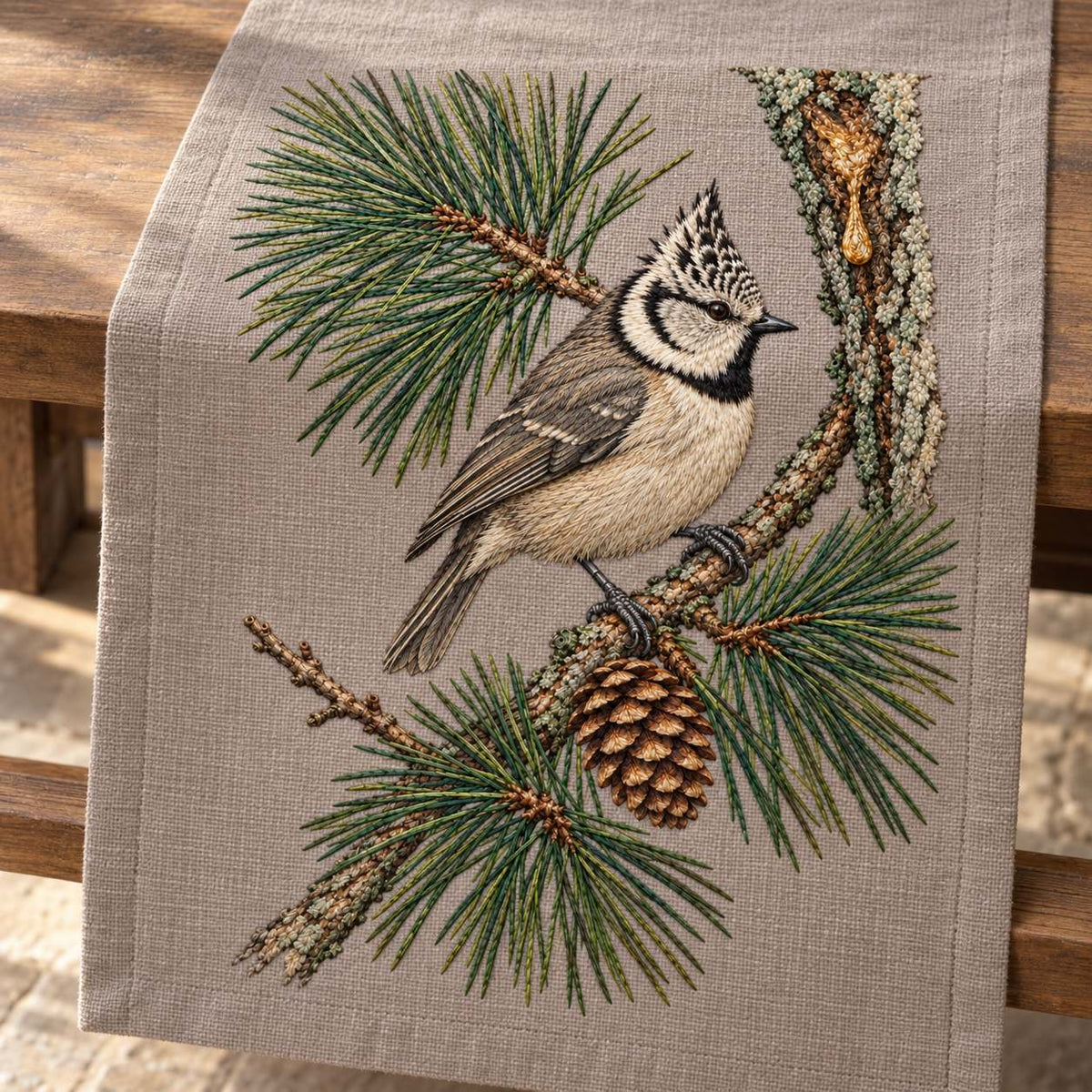 Crested Tit at the Pine Resin Tear visual mockup shown on a textile runner over a console, with the design on warm mushroom linen.