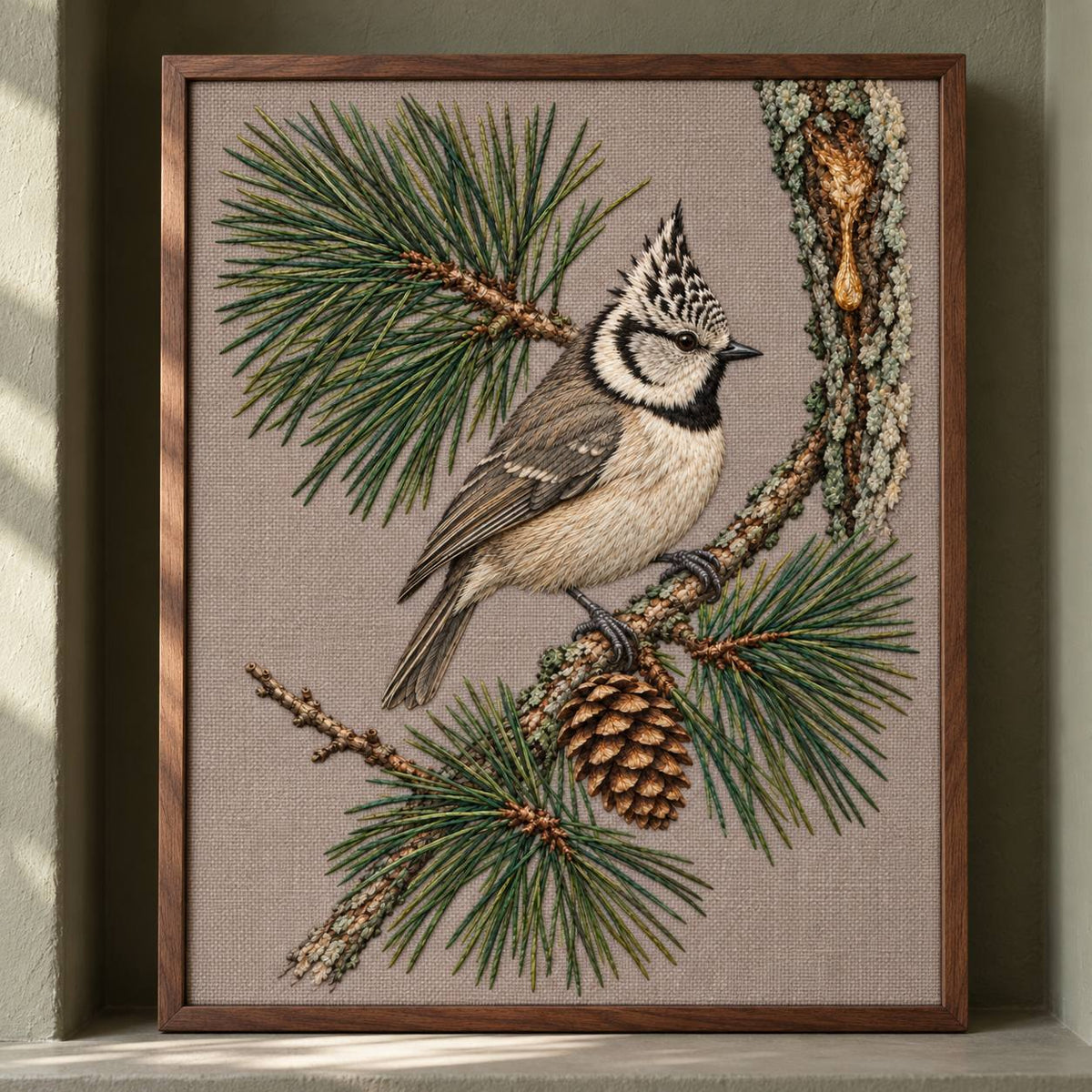 Crested Tit at the Pine Resin Tear visual mockup shown as a framed textile in a gallery niche, with the design on warm mushroom linen.