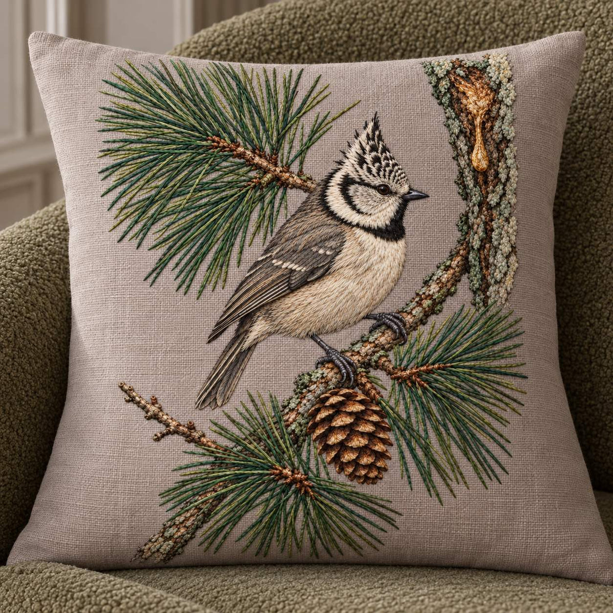 Crested Tit at the Pine Resin Tear visual mockup shown on a cushion in a lounge chair, with the design on warm mushroom linen.