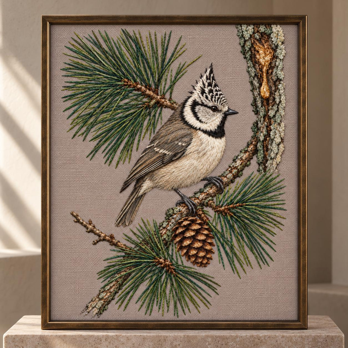 Crested Tit at the Pine Resin Tear visual mockup shown in a frame leaning on a mantel, with the design on warm mushroom linen.