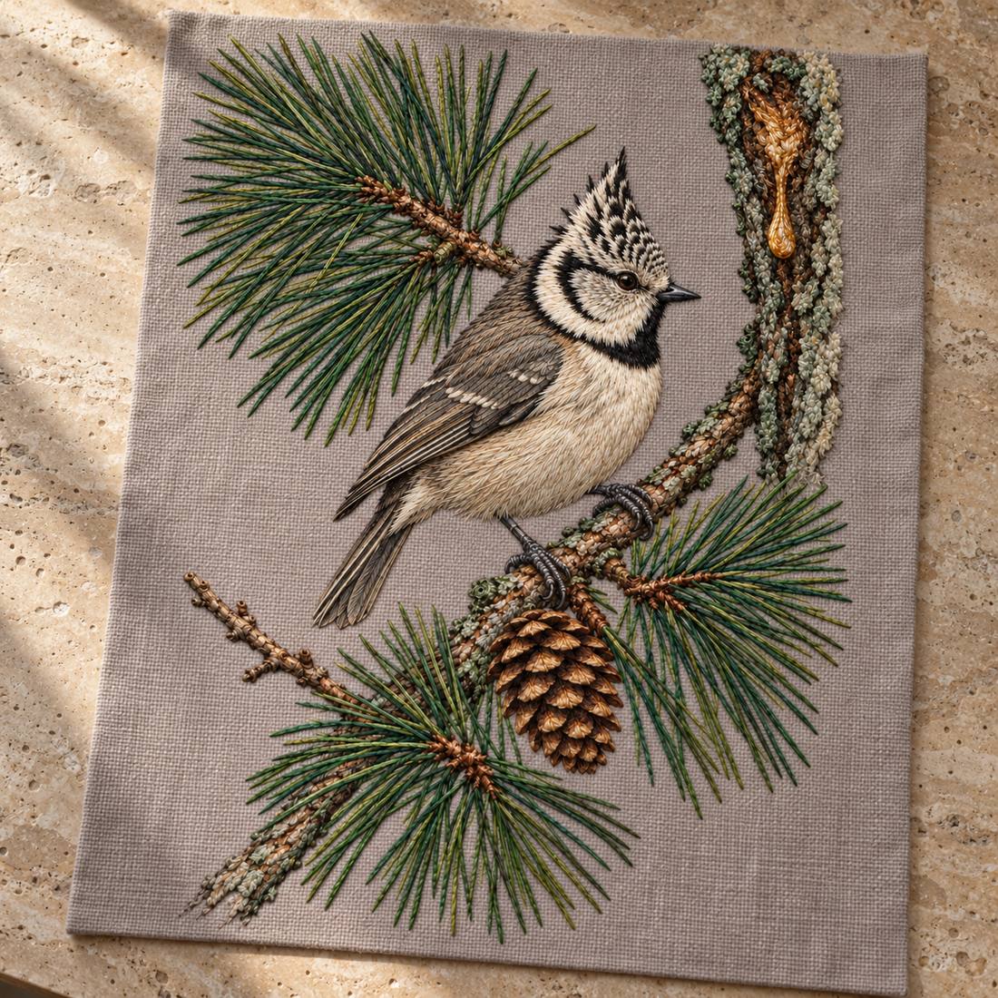 Crested Tit at the Pine Resin Tear visual mockup shown as a textile panel on a stone platform, with the design on warm mushroom linen.