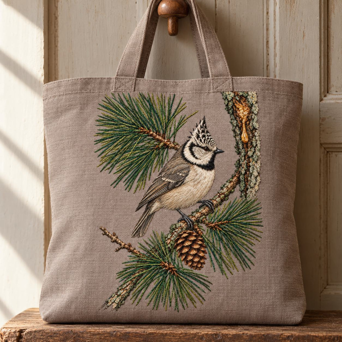 Crested Tit at the Pine Resin Tear visual mockup shown on the front of a structured linen tote, with the design on warm mushroom linen.