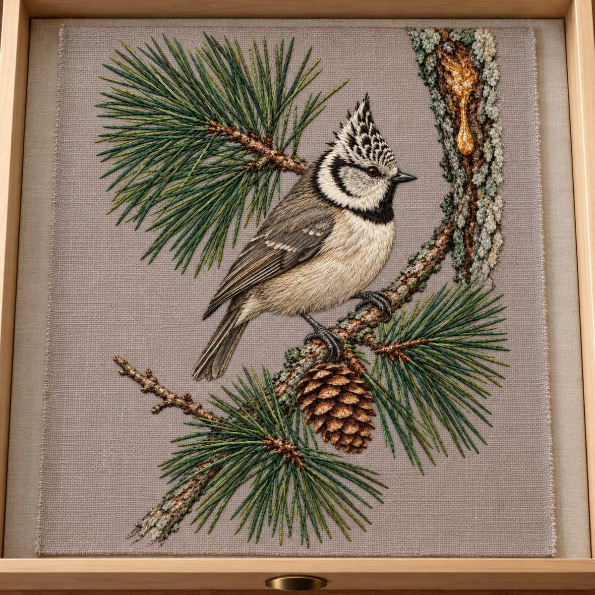 Crested Tit at the Pine Resin Tear visual mockup shown as a textile panel in a collection tray, with the design on warm mushroom linen.