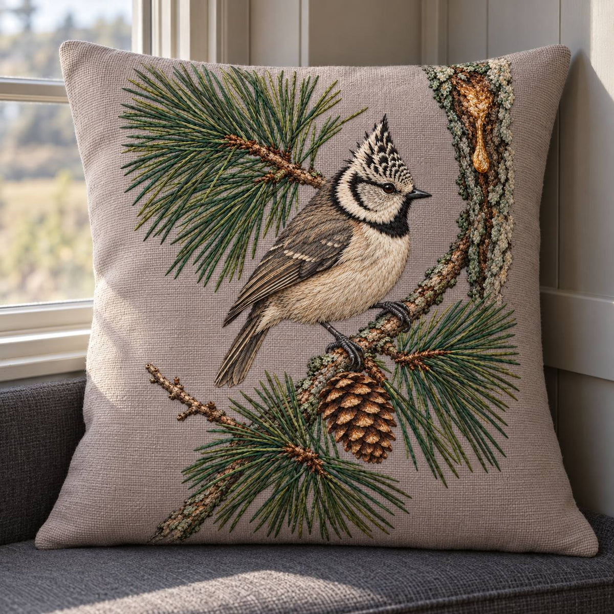 Crested Tit at the Pine Resin Tear visual mockup shown on a cushion beside a window, with the design on warm mushroom linen.