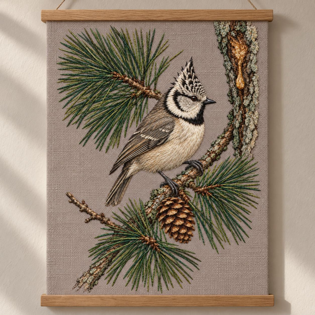 Crested Tit at the Pine Resin Tear visual mockup shown as a hanging textile held by wooden rails, with the design on warm mushroom linen.