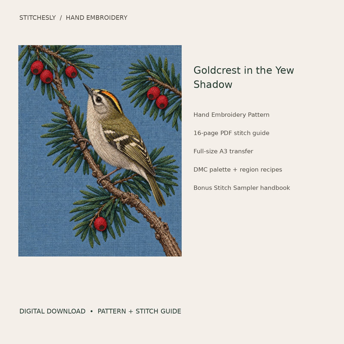 Goldcrest in the Yew Shadow: digital hand embroidery pattern cover with artwork and included files