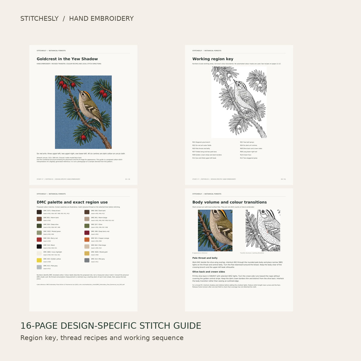 Goldcrest in the Yew Shadow: preview of the 16-page stitch guide, region key, DMC palette and stitching instructions