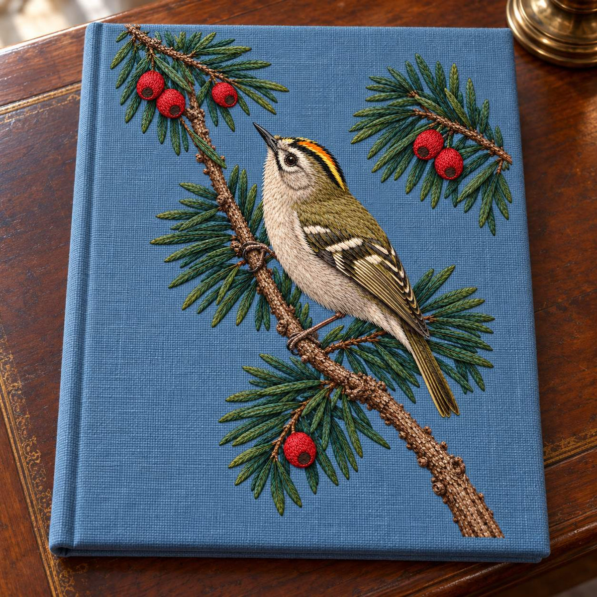 Goldcrest in the Yew Shadow visual mockup shown on a cloth portfolio cover, with the design on muted blue linen.