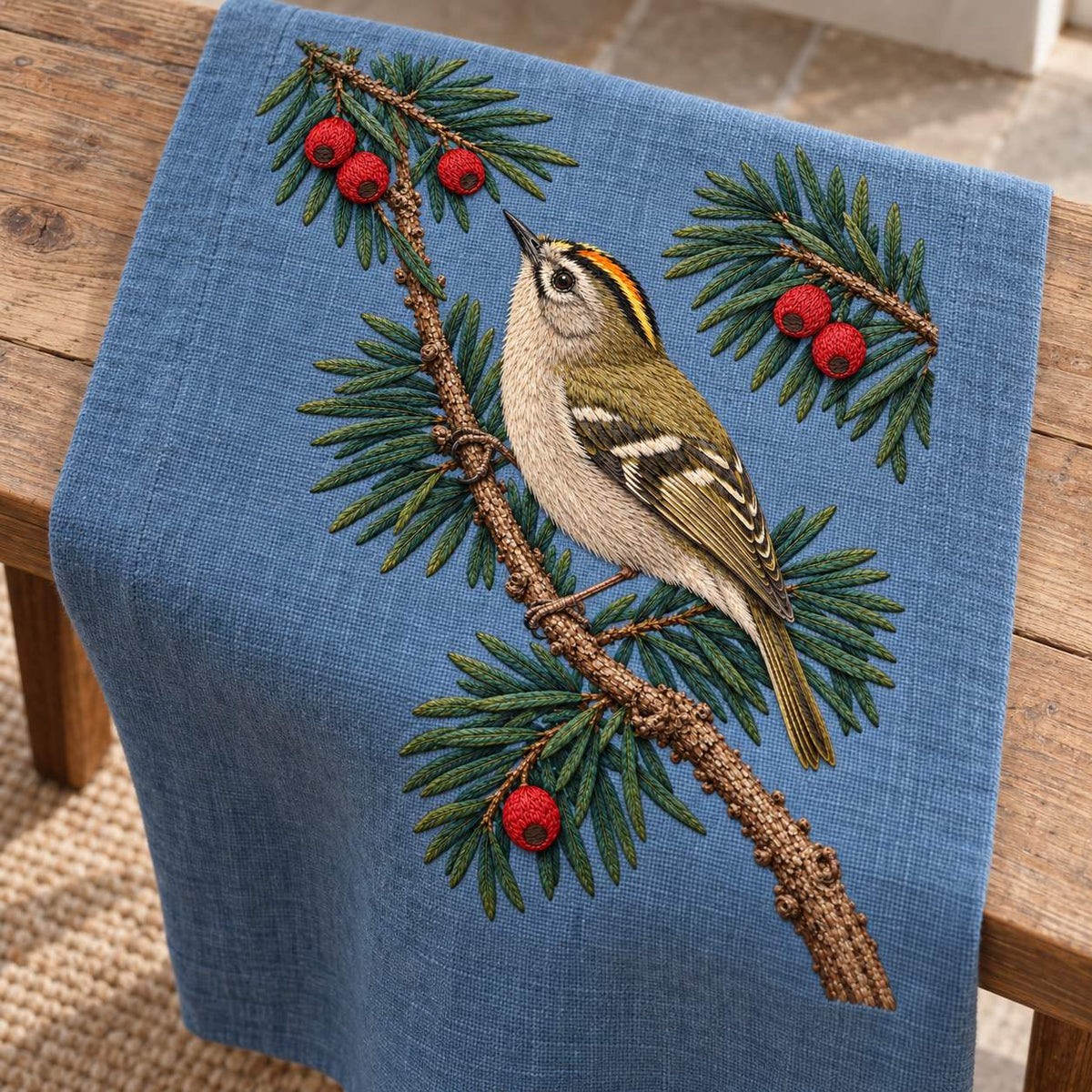 Goldcrest in the Yew Shadow visual mockup shown on a textile runner over a console, with the design on muted blue linen.