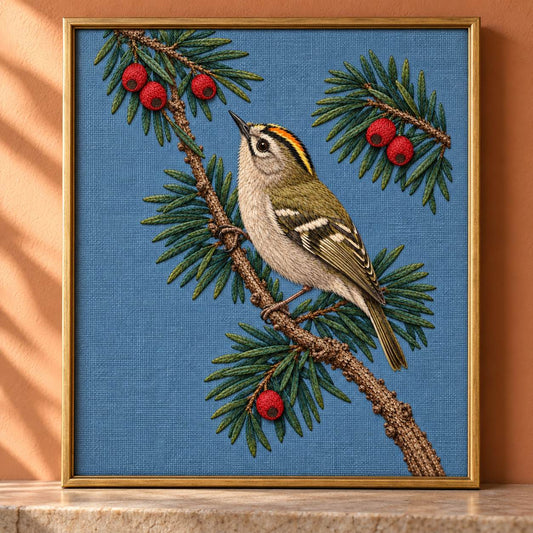 Goldcrest in the Yew Shadow visual mockup shown as a framed textile in a gallery niche, with the design on muted blue linen.