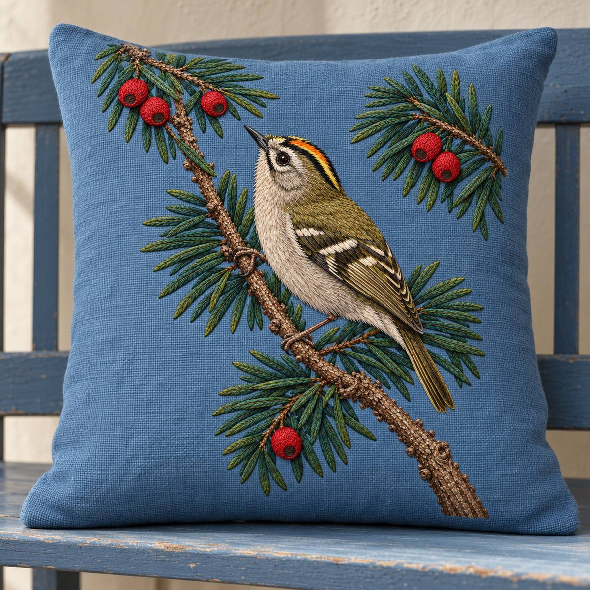 Goldcrest in the Yew Shadow visual mockup shown on a cushion in a lounge chair, with the design on muted blue linen.
