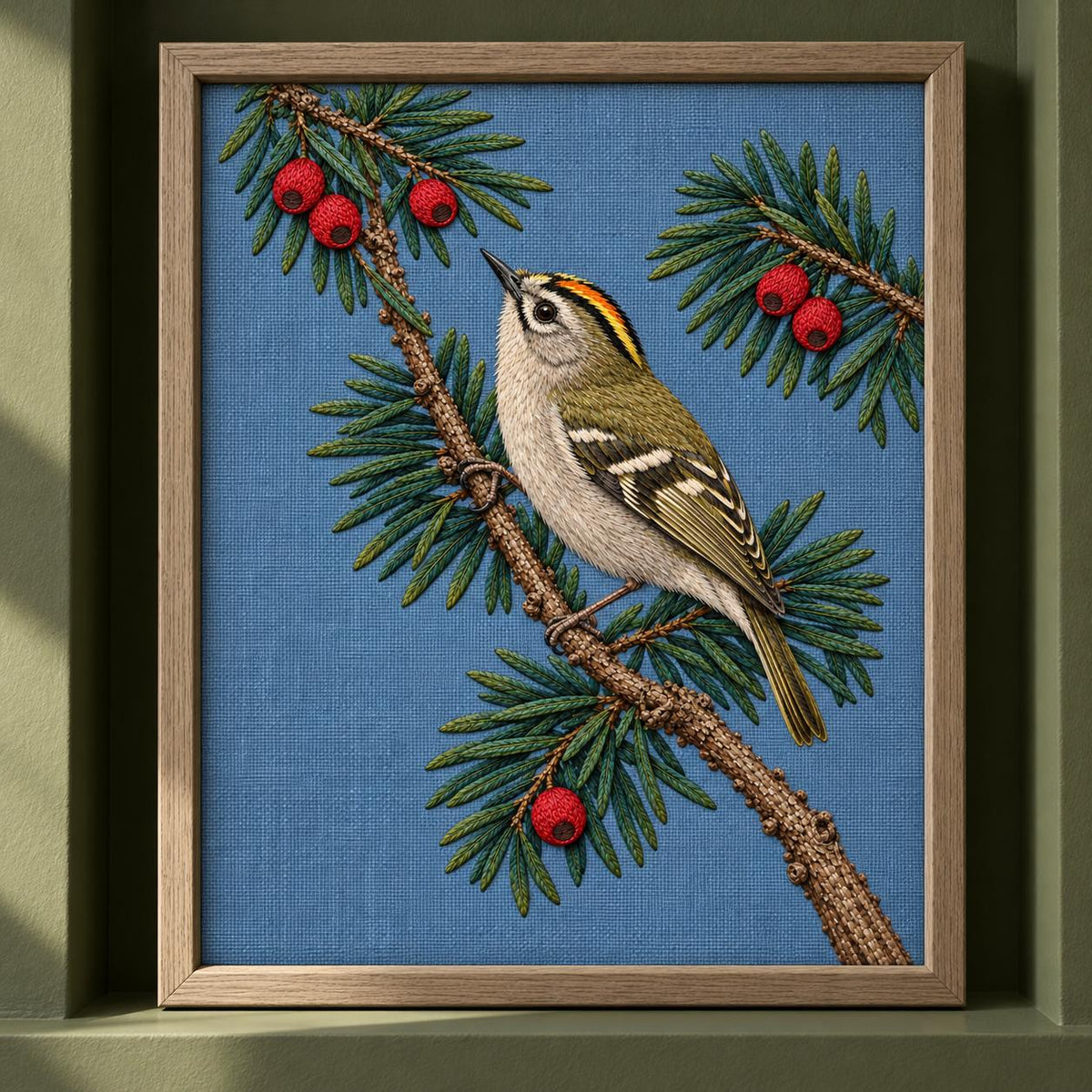 Goldcrest in the Yew Shadow visual mockup shown in a frame leaning on a mantel, with the design on muted blue linen.
