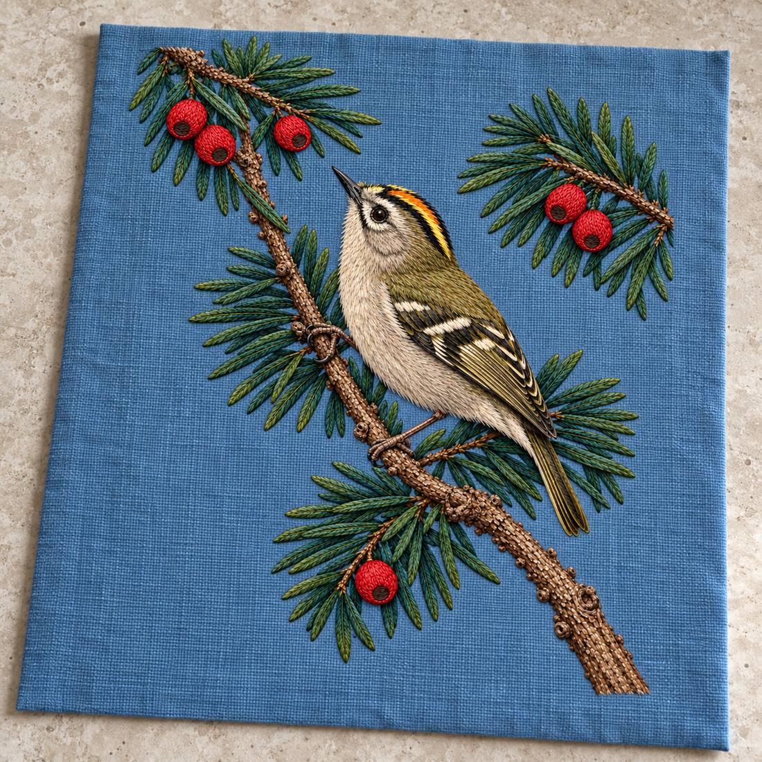 Goldcrest in the Yew Shadow visual mockup shown as a textile panel on a stone platform, with the design on muted blue linen.
