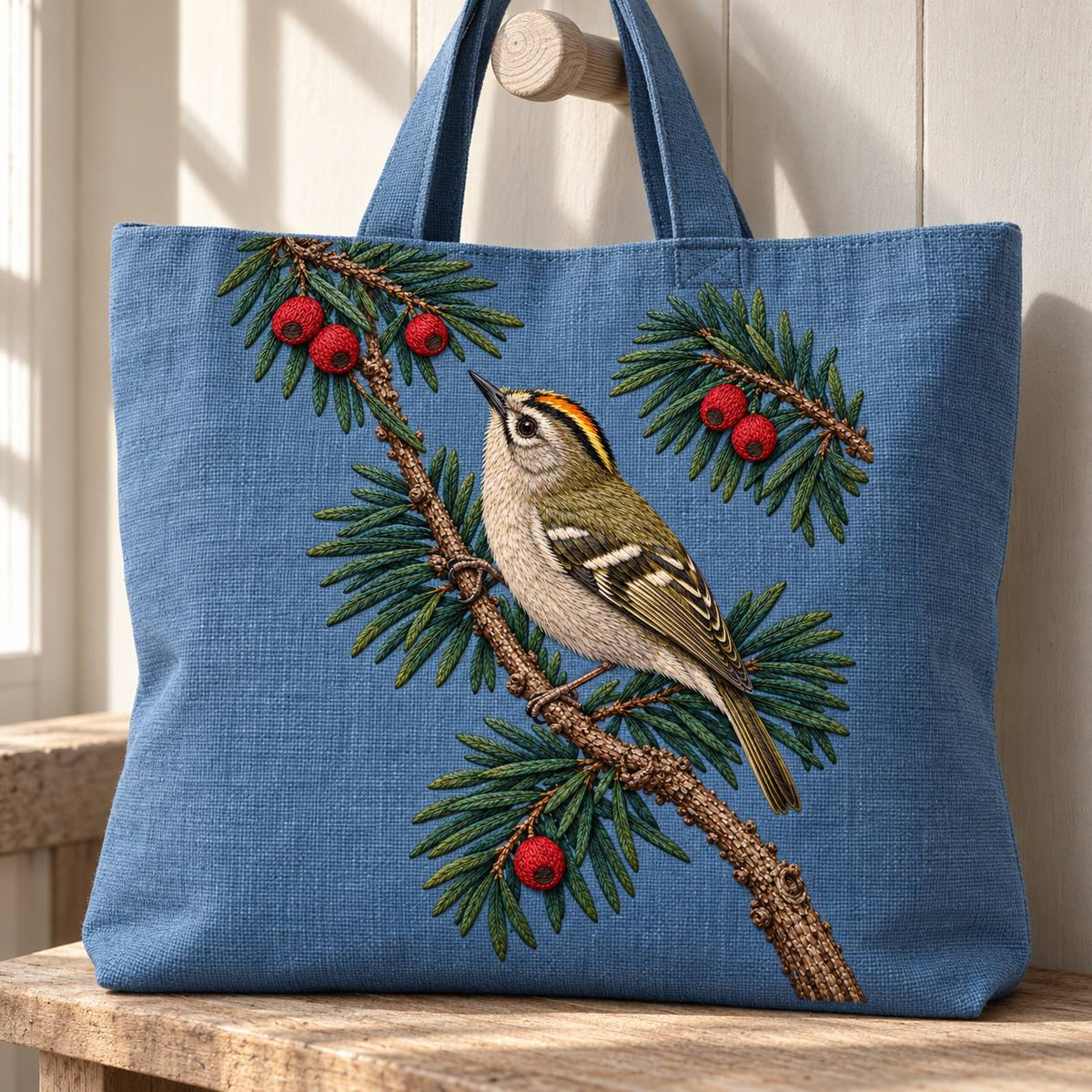 Goldcrest in the Yew Shadow visual mockup shown on the front of a structured linen tote, with the design on muted blue linen.
