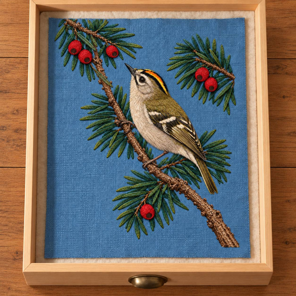 Goldcrest in the Yew Shadow visual mockup shown as a textile panel in a collection tray, with the design on muted blue linen.