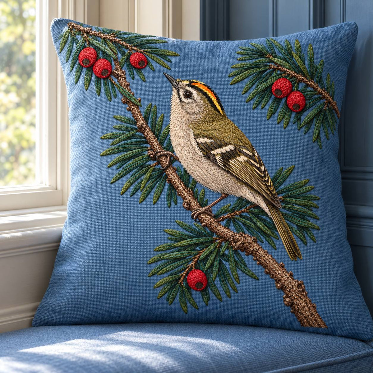 Goldcrest in the Yew Shadow visual mockup shown on a cushion beside a window, with the design on muted blue linen.