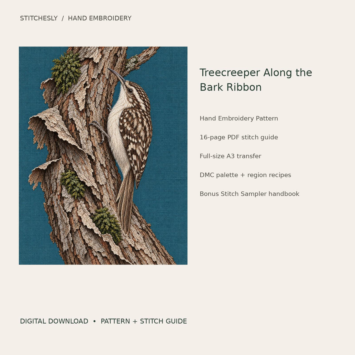 Treecreeper Along the Bark Ribbon: digital hand embroidery pattern cover with artwork and included files
