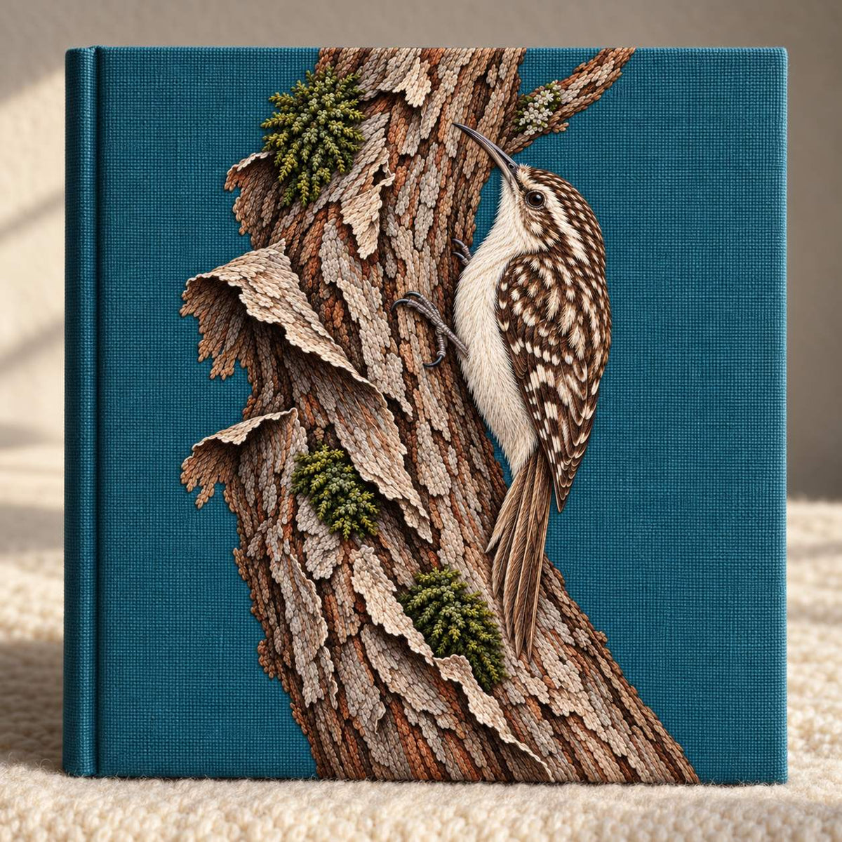 Treecreeper Along the Bark Ribbon visual mockup shown on a cloth portfolio cover, with the design on muted teal linen.
