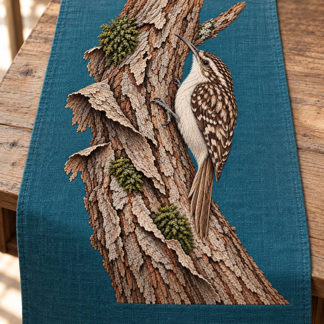 Treecreeper Along the Bark Ribbon visual mockup shown on a textile runner over a console, with the design on muted teal linen.