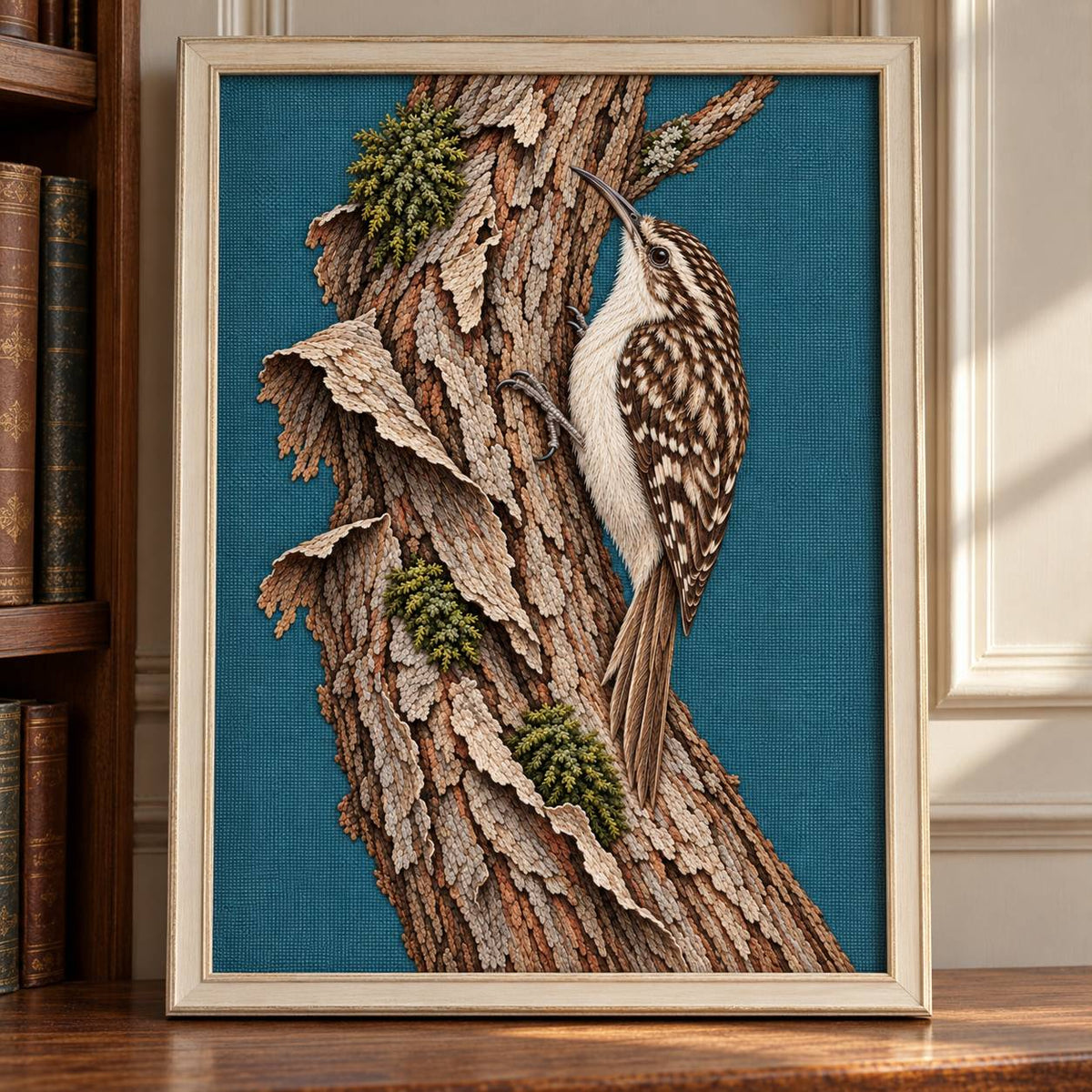 Treecreeper Along the Bark Ribbon visual mockup shown as a framed textile in a gallery niche, with the design on muted teal linen.