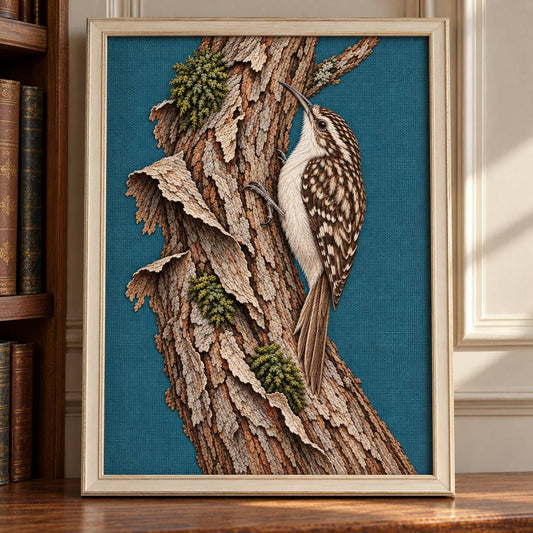 Treecreeper Along the Bark Ribbon visual mockup shown as a framed textile in a gallery niche, with the design on muted teal linen.