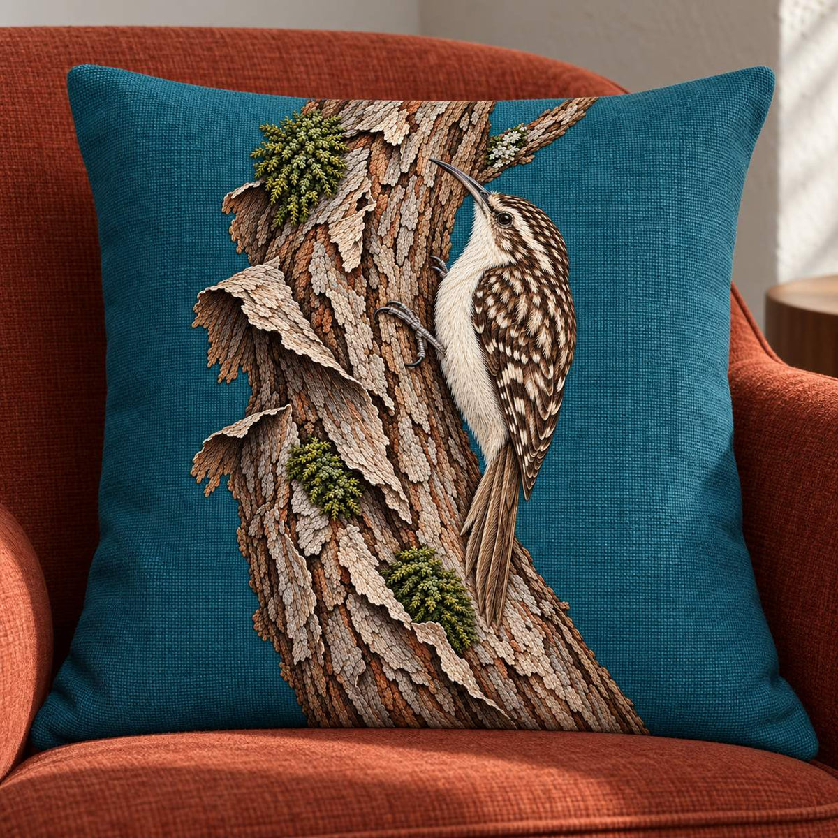 Treecreeper Along the Bark Ribbon visual mockup shown on a cushion in a lounge chair, with the design on muted teal linen.