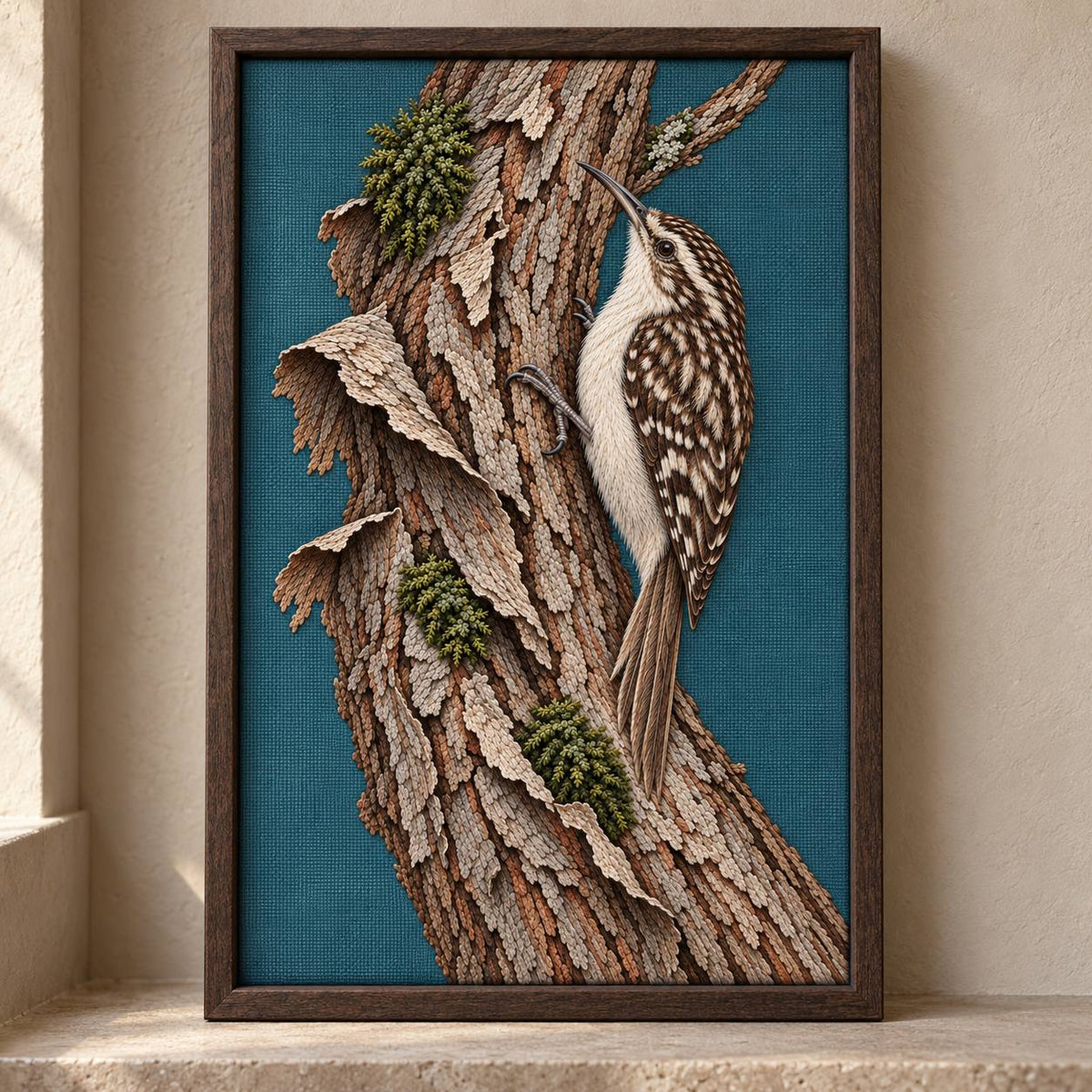 Treecreeper Along the Bark Ribbon visual mockup shown in a frame leaning on a mantel, with the design on muted teal linen.