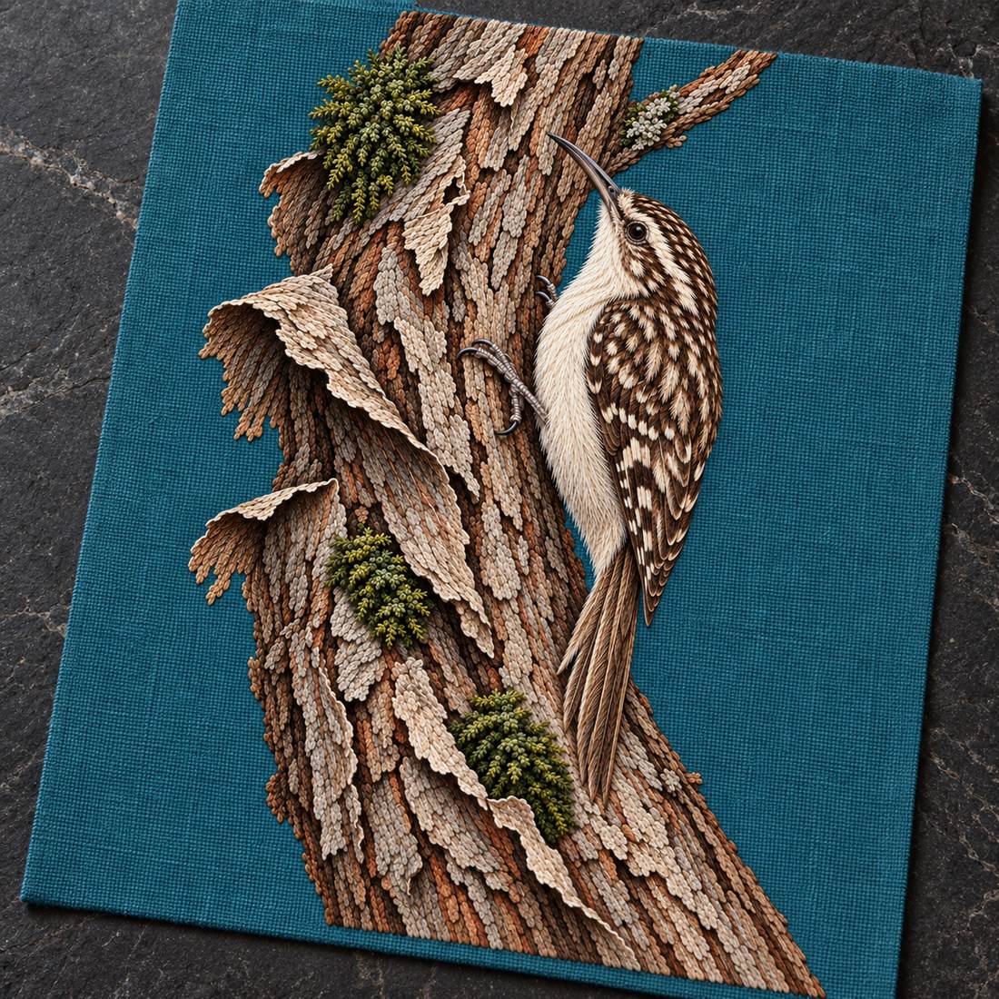 Treecreeper Along the Bark Ribbon visual mockup shown as a textile panel on a stone platform, with the design on muted teal linen.