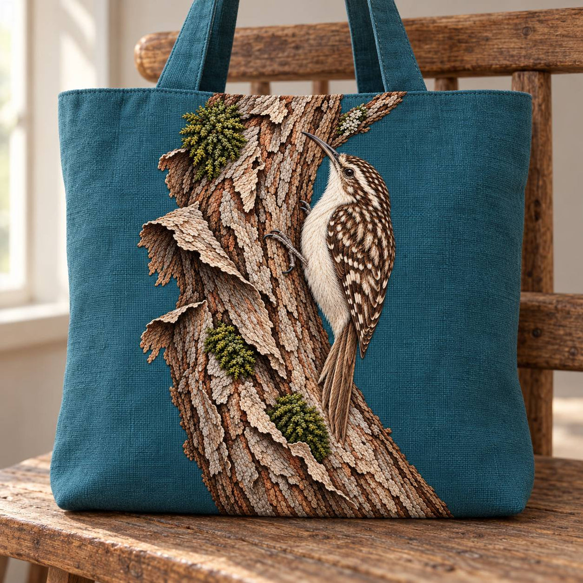 Treecreeper Along the Bark Ribbon visual mockup shown on the front of a structured linen tote, with the design on muted teal linen.
