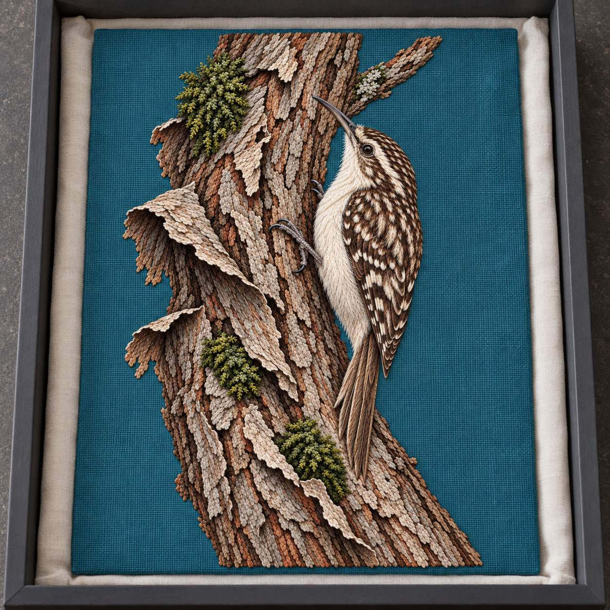 Treecreeper Along the Bark Ribbon visual mockup shown as a textile panel in a collection tray, with the design on muted teal linen.
