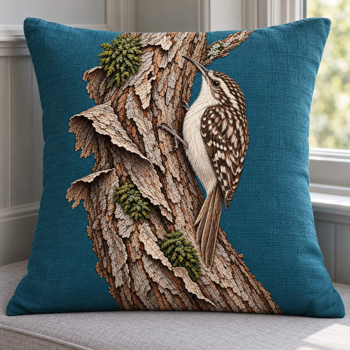 Treecreeper Along the Bark Ribbon visual mockup shown on a cushion beside a window, with the design on muted teal linen.