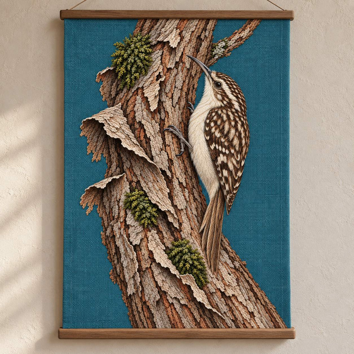 Treecreeper Along the Bark Ribbon visual mockup shown as a hanging textile held by wooden rails, with the design on muted teal linen.