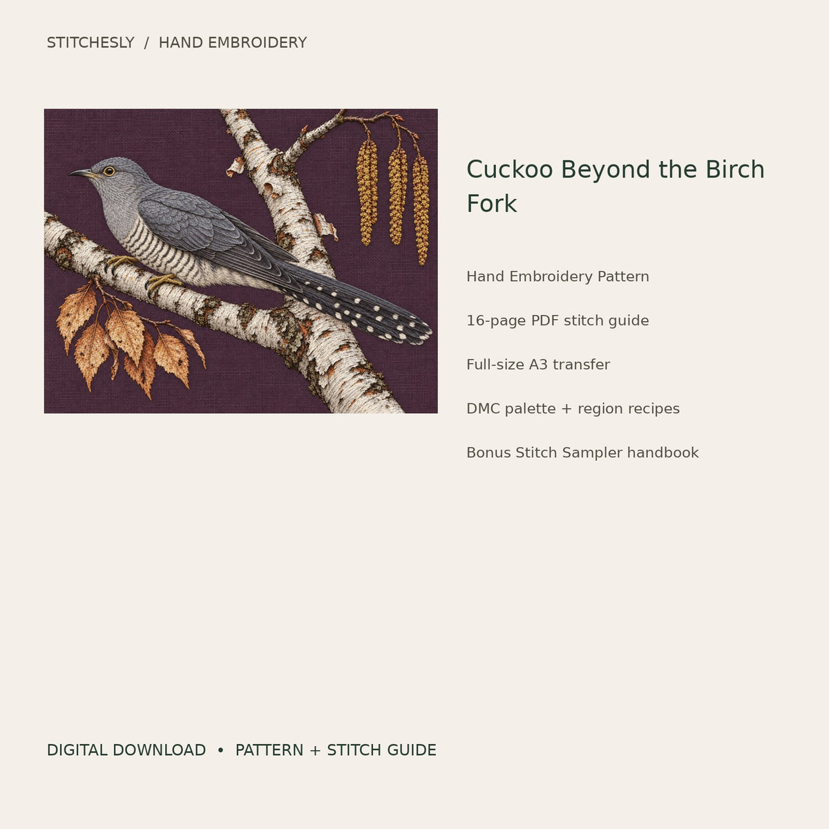Cuckoo Beyond the Birch Fork: digital hand embroidery pattern cover with artwork and included files