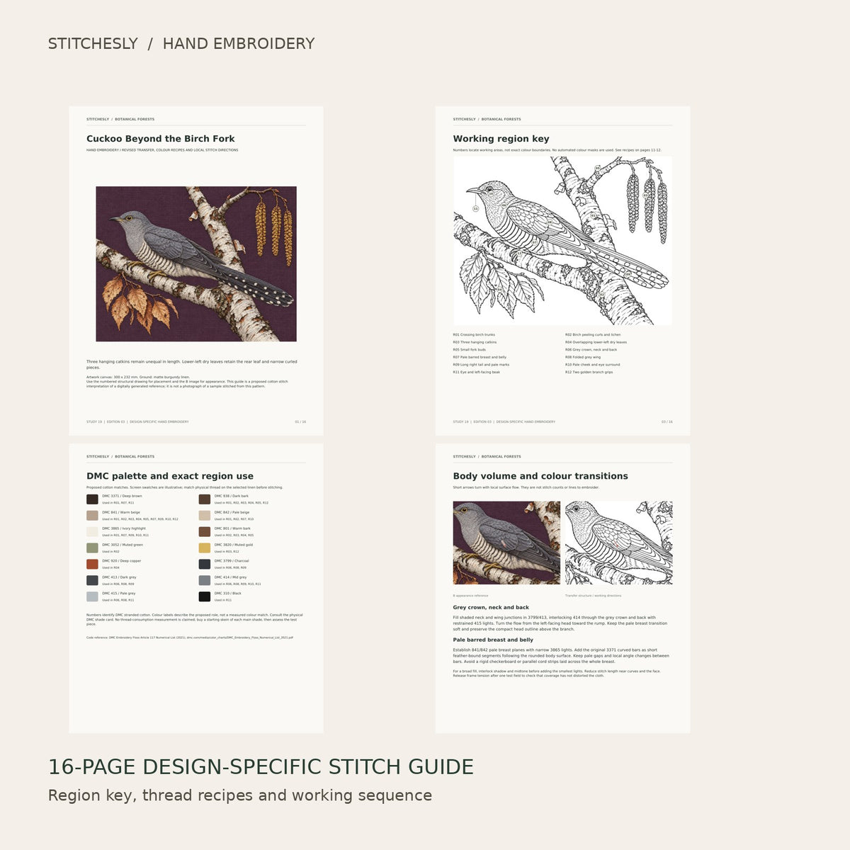 Cuckoo Beyond the Birch Fork: preview of the 16-page stitch guide, region key, DMC palette and stitching instructions