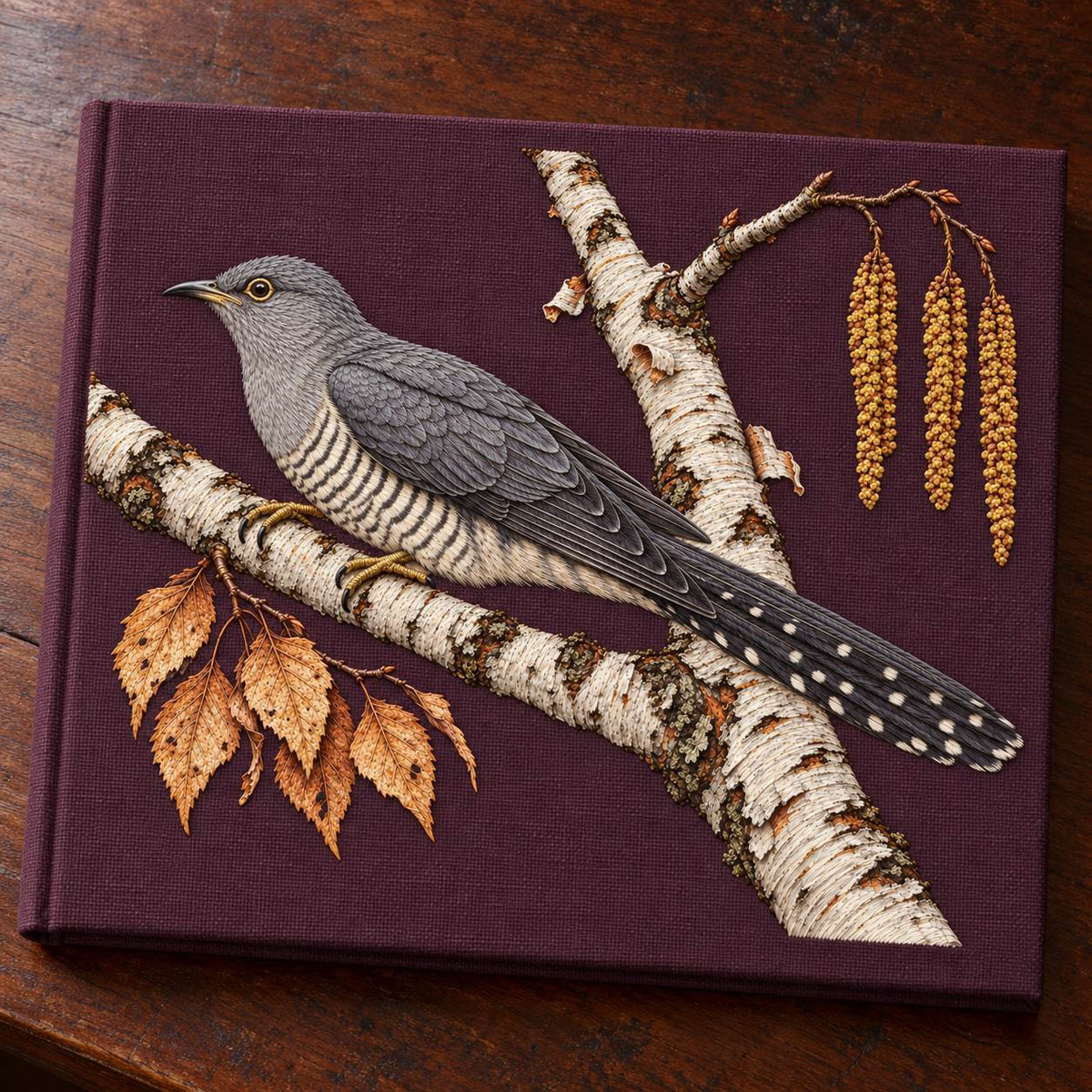 Cuckoo Beyond the Birch Fork visual mockup shown on a cloth portfolio cover, with the design on burgundy linen.