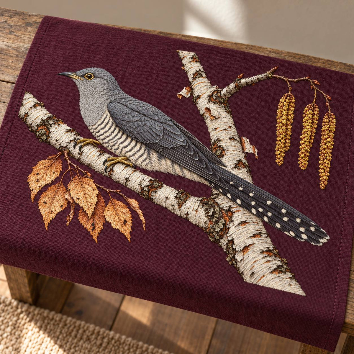 Cuckoo Beyond the Birch Fork visual mockup shown on a textile runner over a console, with the design on burgundy linen.