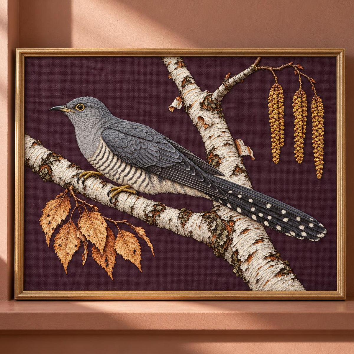 Cuckoo Beyond the Birch Fork visual mockup shown as a framed textile in a gallery niche, with the design on burgundy linen.