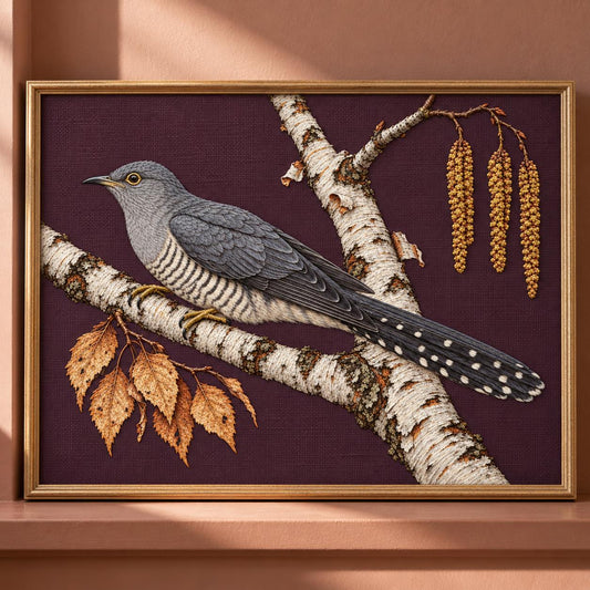 Cuckoo Beyond the Birch Fork visual mockup shown as a framed textile in a gallery niche, with the design on burgundy linen.