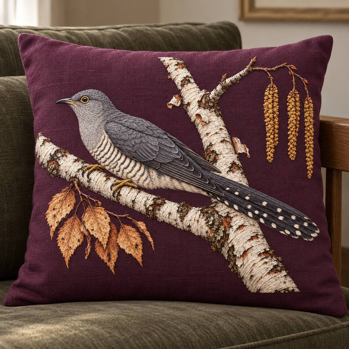 Cuckoo Beyond the Birch Fork visual mockup shown on a cushion in a lounge chair, with the design on burgundy linen.