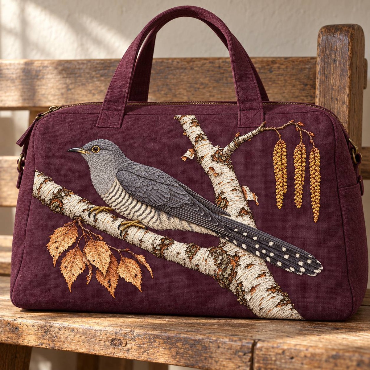 Cuckoo Beyond the Birch Fork visual mockup shown on the front of a structured linen tote, with the design on burgundy linen.